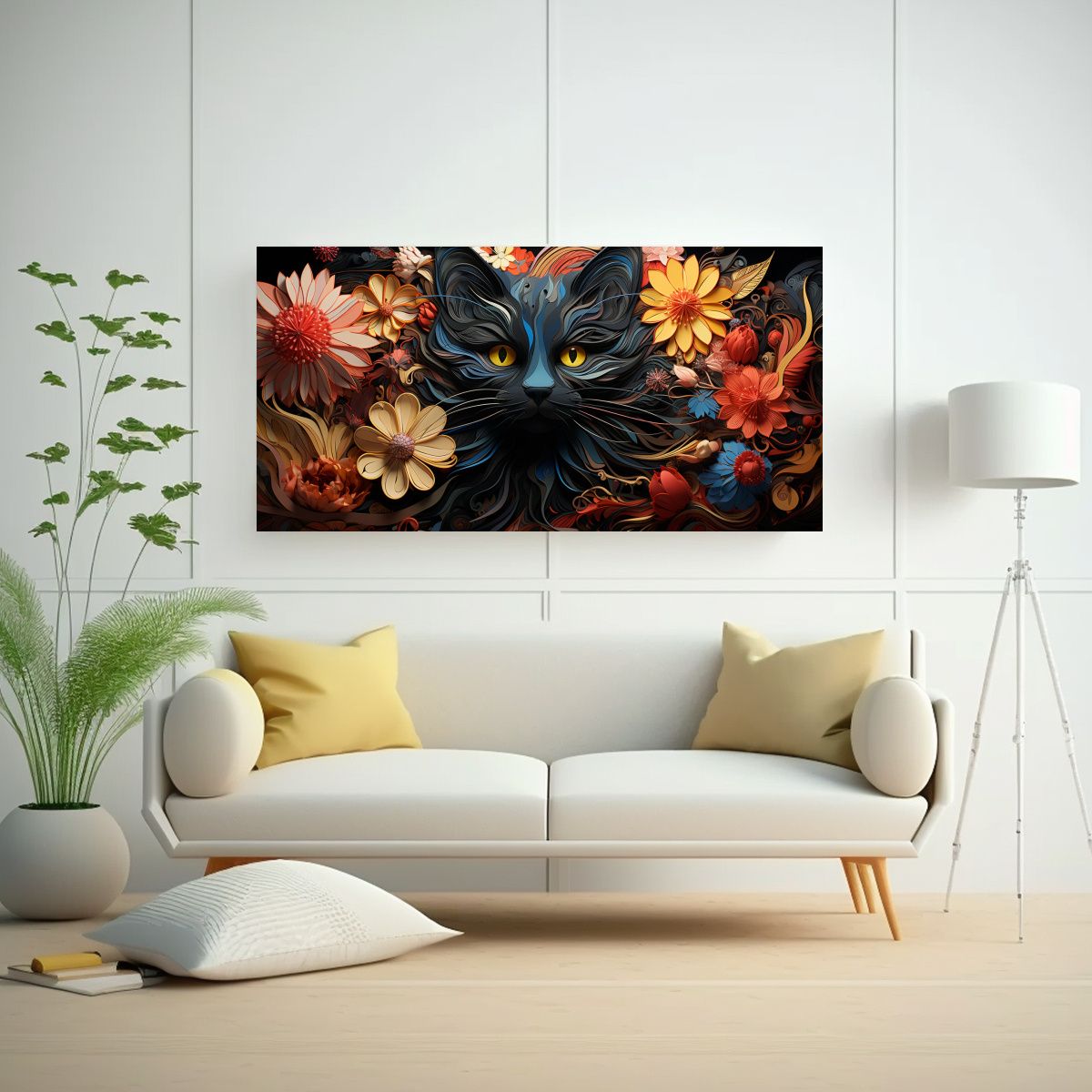 GENERICO - Cuadro Vidriera Gato Negro Sonriente Adorable 80x40 Cm