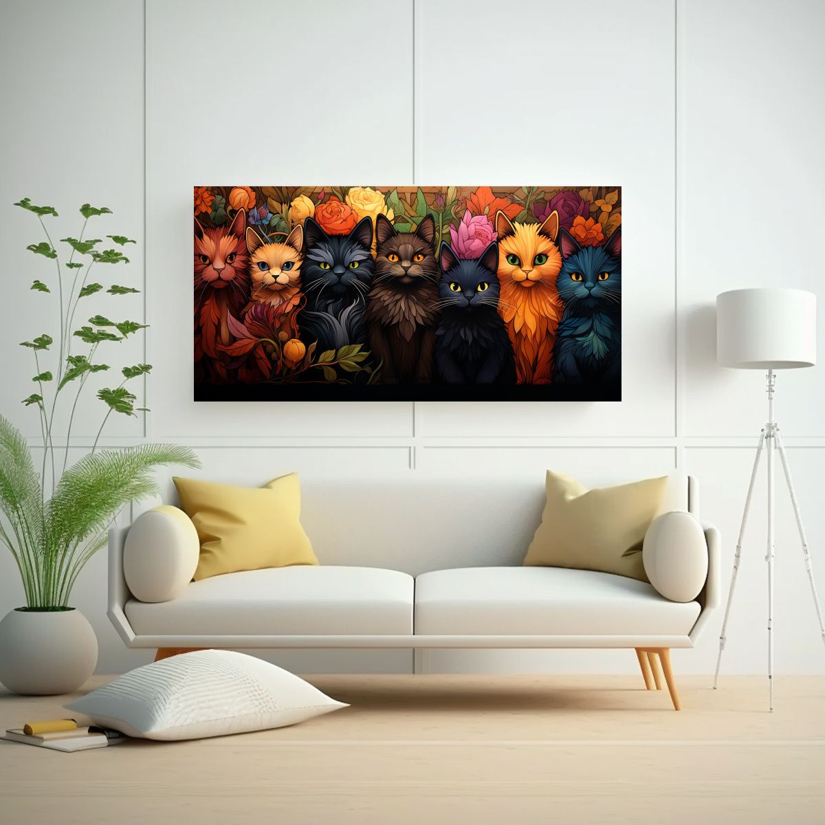 GENERICO - Cuadro Moderno Relieve Gatos Negros Sonrientes 80x40 Cm