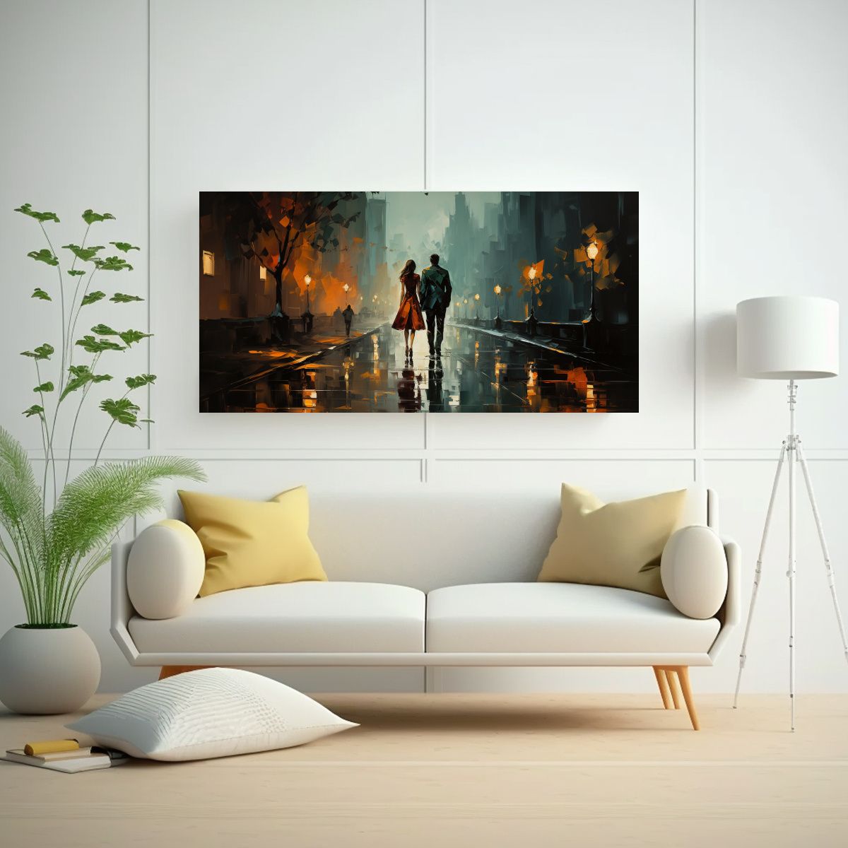 GENERICO - Cuadro De Personas Caminando Bajo La Lluvia 80x40 Cm