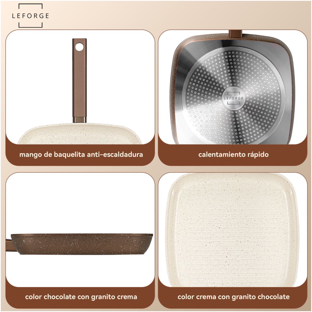 LEFORGE - Sarten Bifera Grill Granito Antiadherente 28cm Chocolate Crema