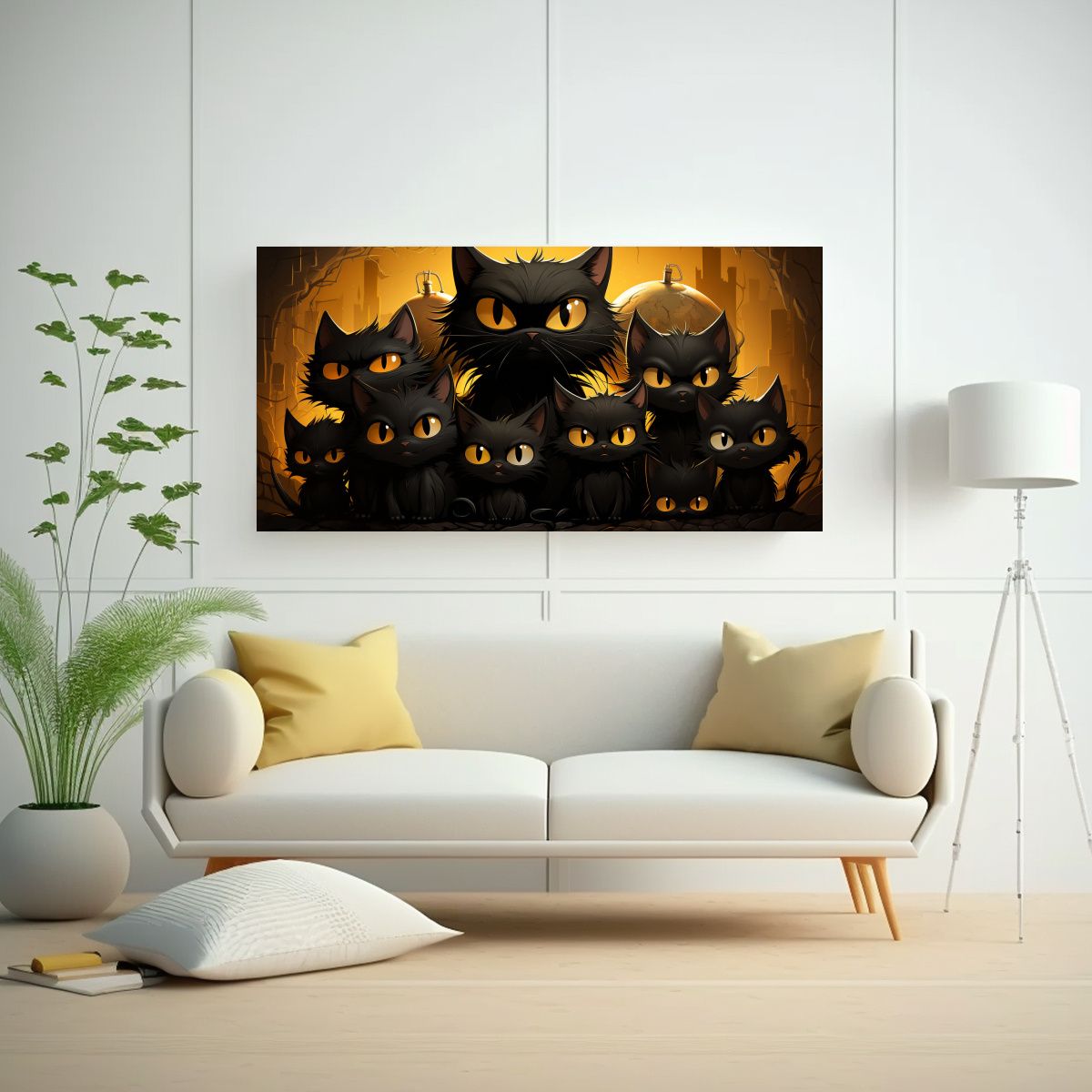 GENERICO - Cuadro De Gatos Negros Sobre Fondo Naranja 100x50 Cm