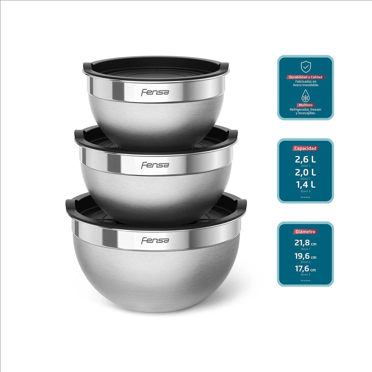 FENSA - Set Bowls Acero Inoxidable Fensa 3 Unidades Tapa de Plástico