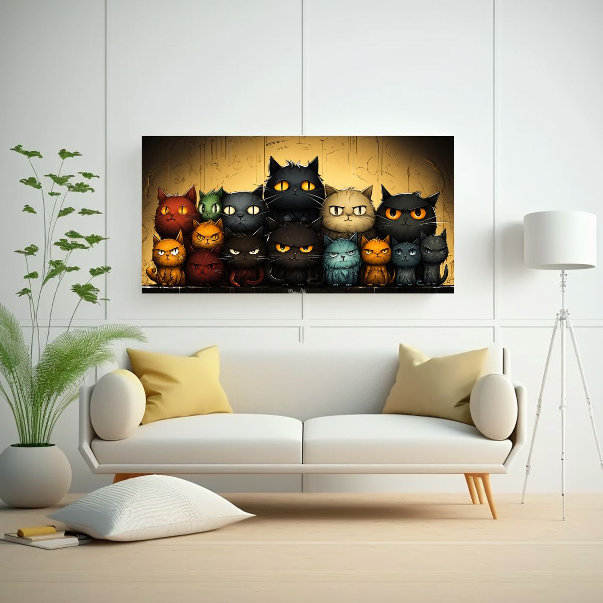 GENERICO - Cuadro Gatos Coloridos Sobre Fondo Naranja 80x40 Cm