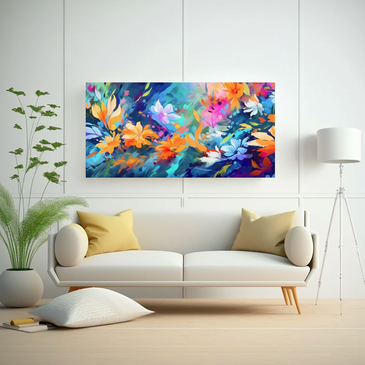 GENERICO - Pintura Abstracta Multicolor Con Flores Y Hojas 60x30 Cm