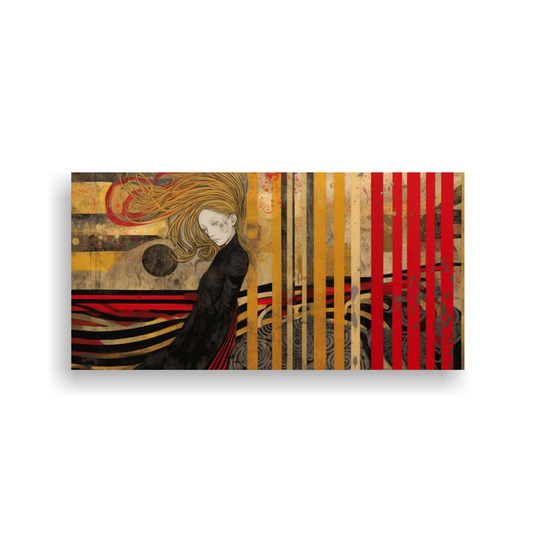 GENERICO - Cuadro Innovador Con Rayas Doradas Y Rojas Sobre 100x50 Cm