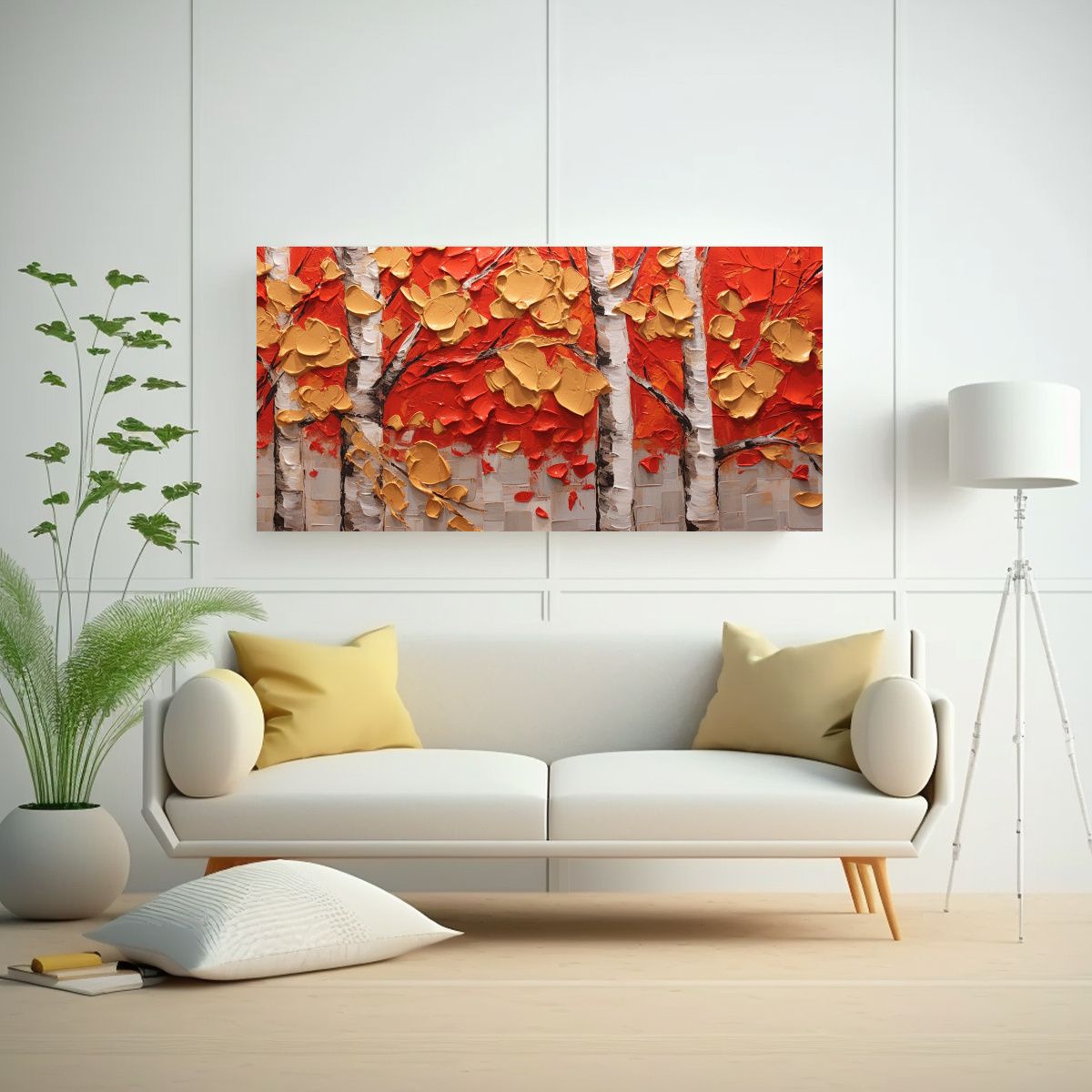 GENERICO - Pintura Lienzo Hojas Abedul Rojo Y Oro Para 100x50 Cm