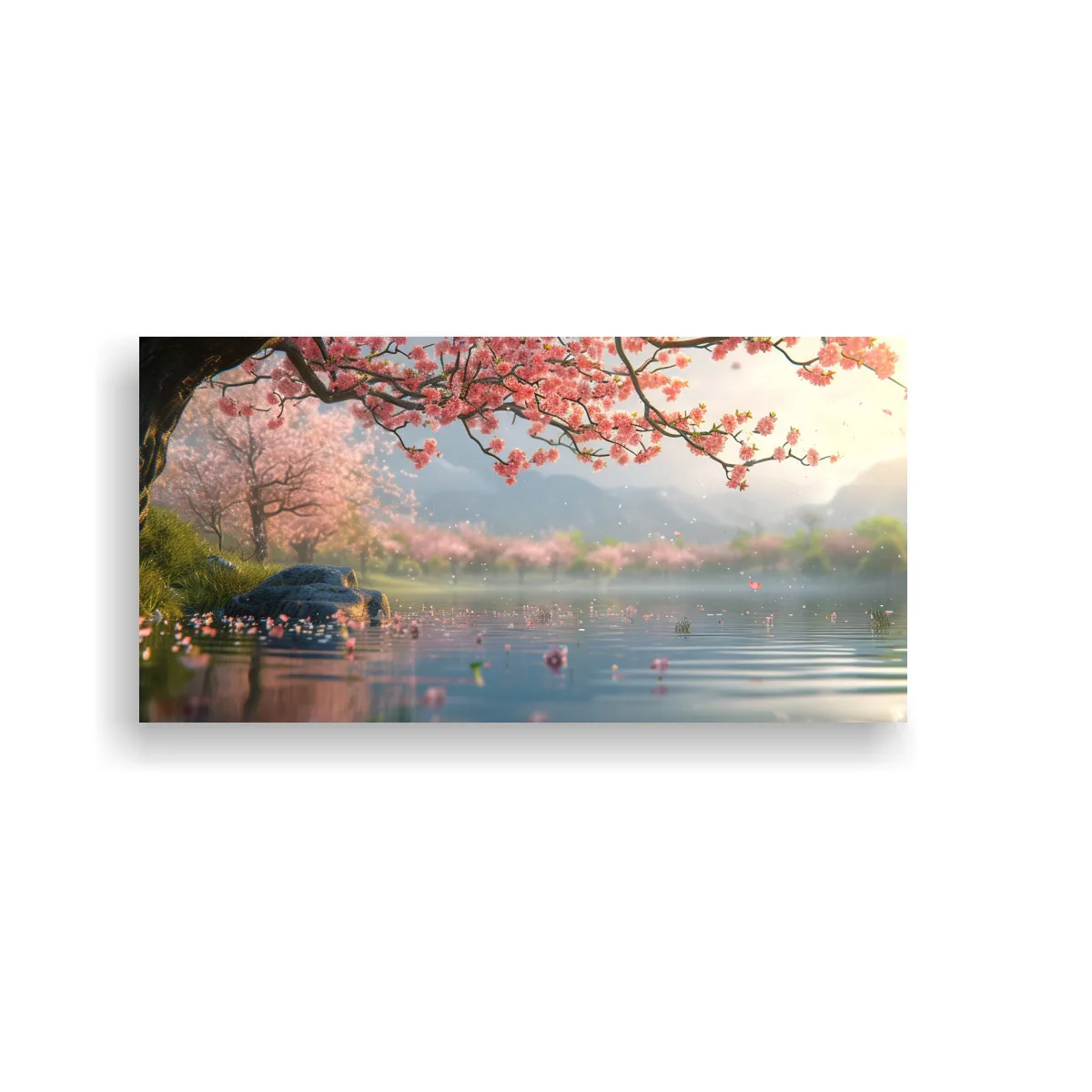 GENERICO - Cuadro Paisaje Acuático Flores Durazno Detalle 60x30 Cm