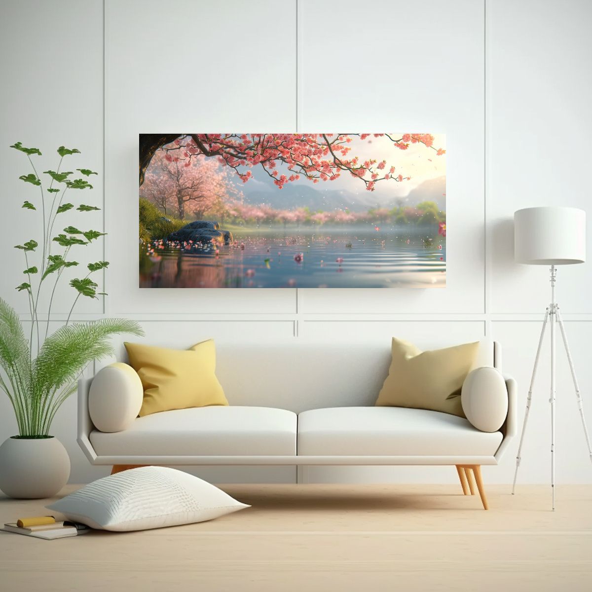 GENERICO - Cuadro Paisaje Acuático Flores Durazno Detalle 60x30 Cm