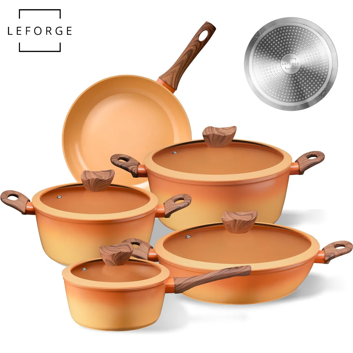 LEFORGE - Batería Cocina Cerámica Antiadherente Grande 9 Piezas Naranja Degrade