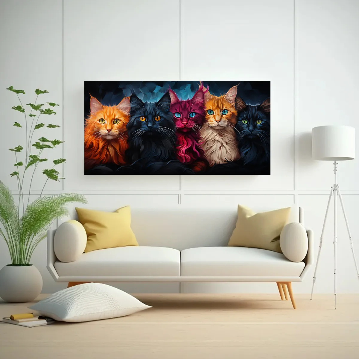 GENERICO - Cuadro De Gatos De Colores En Lienzo Con Tonos 100x50 Cm