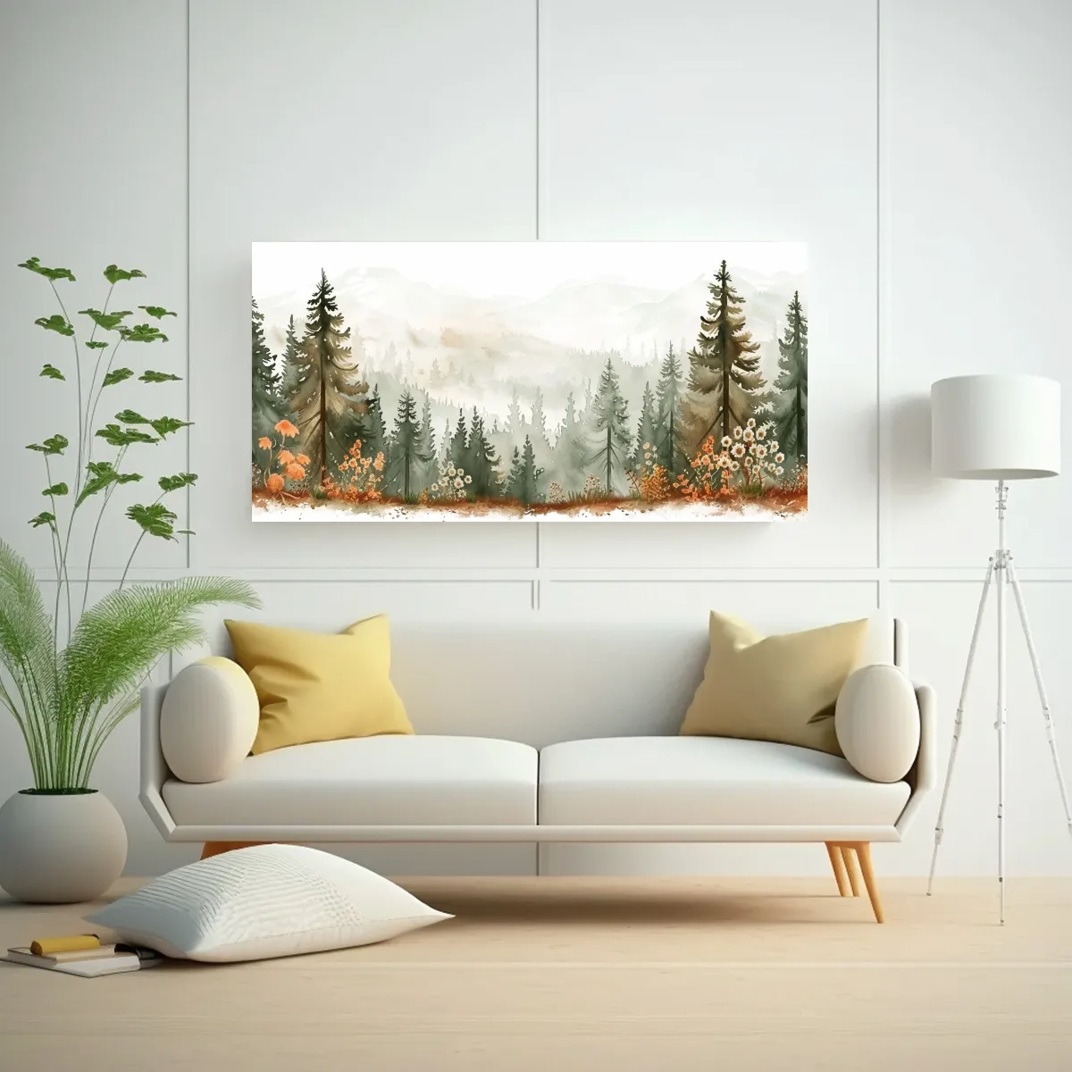 GENERICO - Paisaje Otoñal De Bosque Con Pinos En Acuarela 80x40 Cm