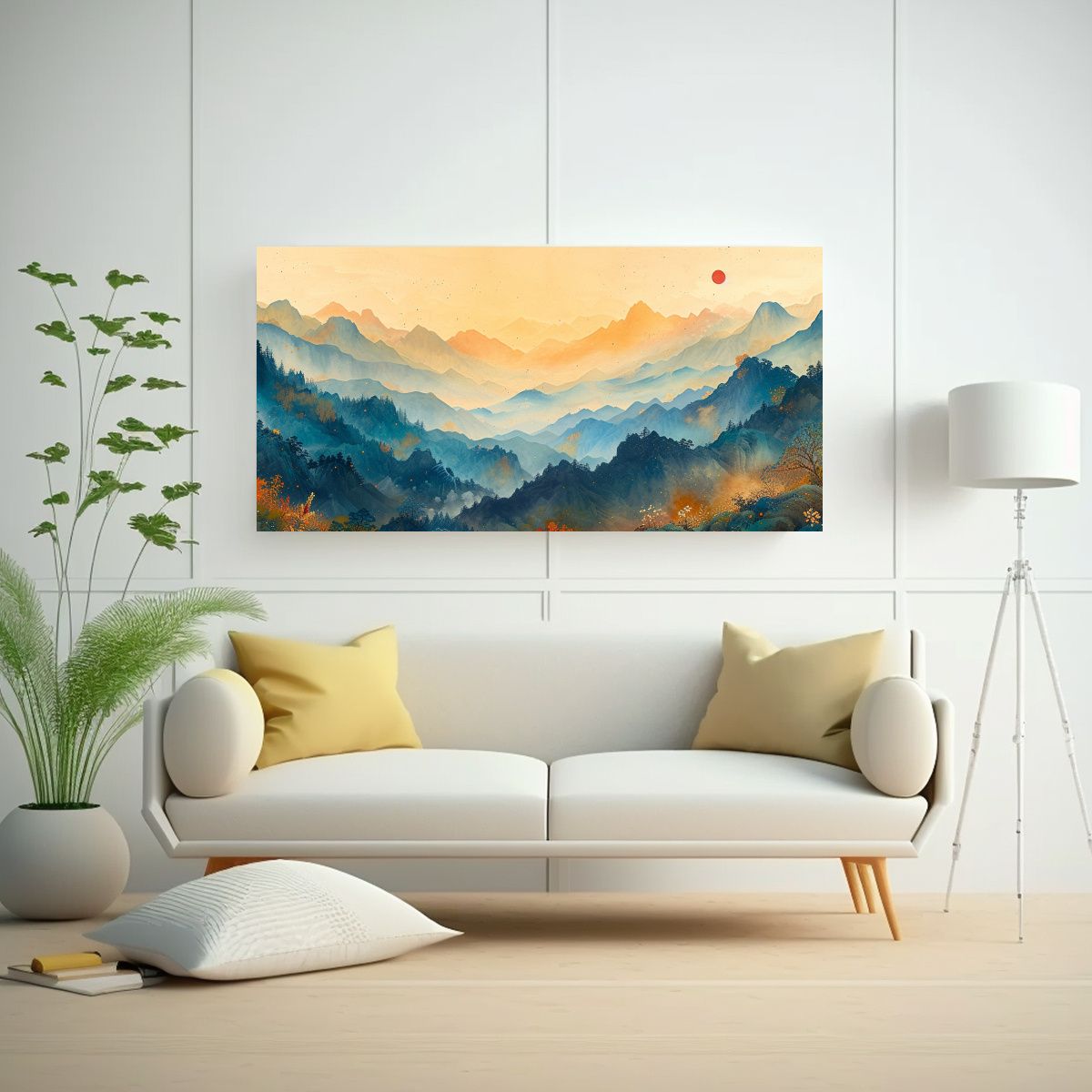 GENERICO - Cuadro Chino Montañas Colores Vibrantes Y Tinta 60x30 Cm