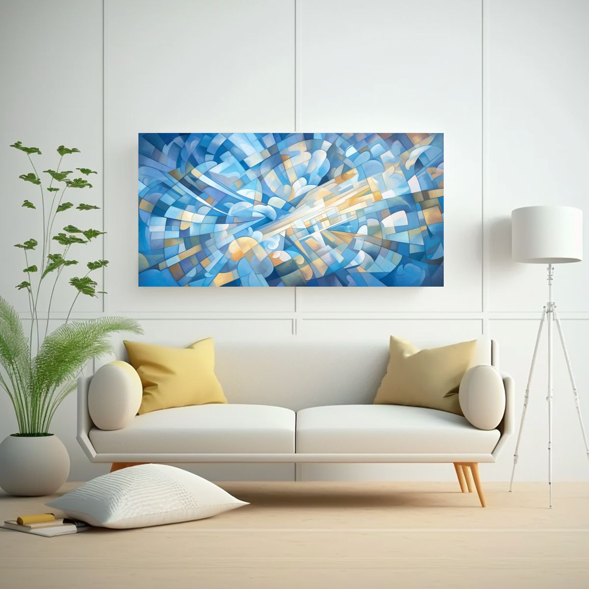 GENERICO - Pintura Abstracción Cubista Cielo Azul Original 80x40 Cm