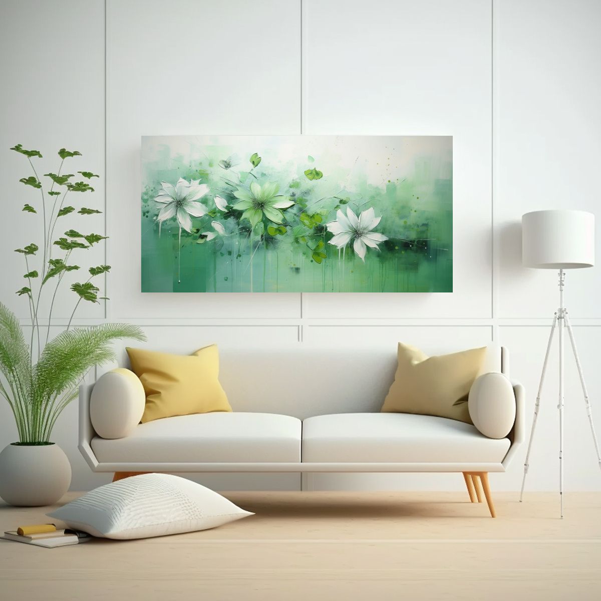 GENERICO - Cuadro Floral Verde Estilo Lienzo Horizontal 60x30 Cm