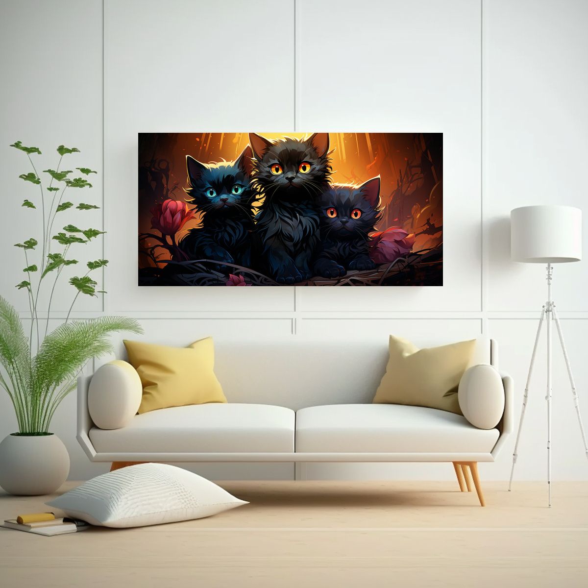 GENERICO - Lienzo Con Gatos Negros En Pila Horizontal 60x30 Cm