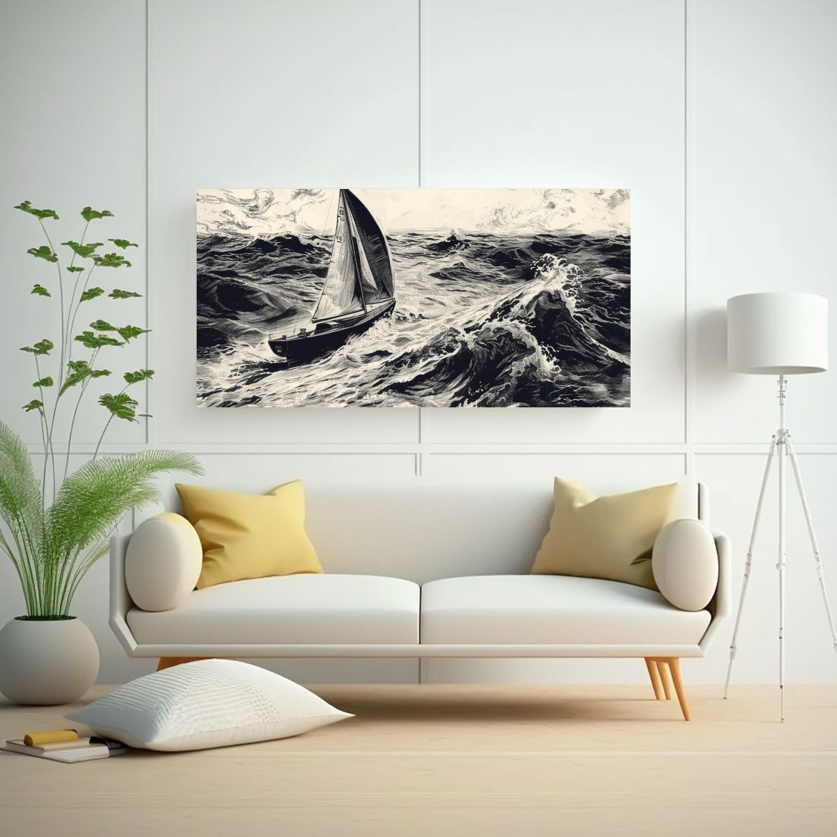 GENERICO - Cuadro Monocromo Abstracción De Un Velero En 100x50 Cm