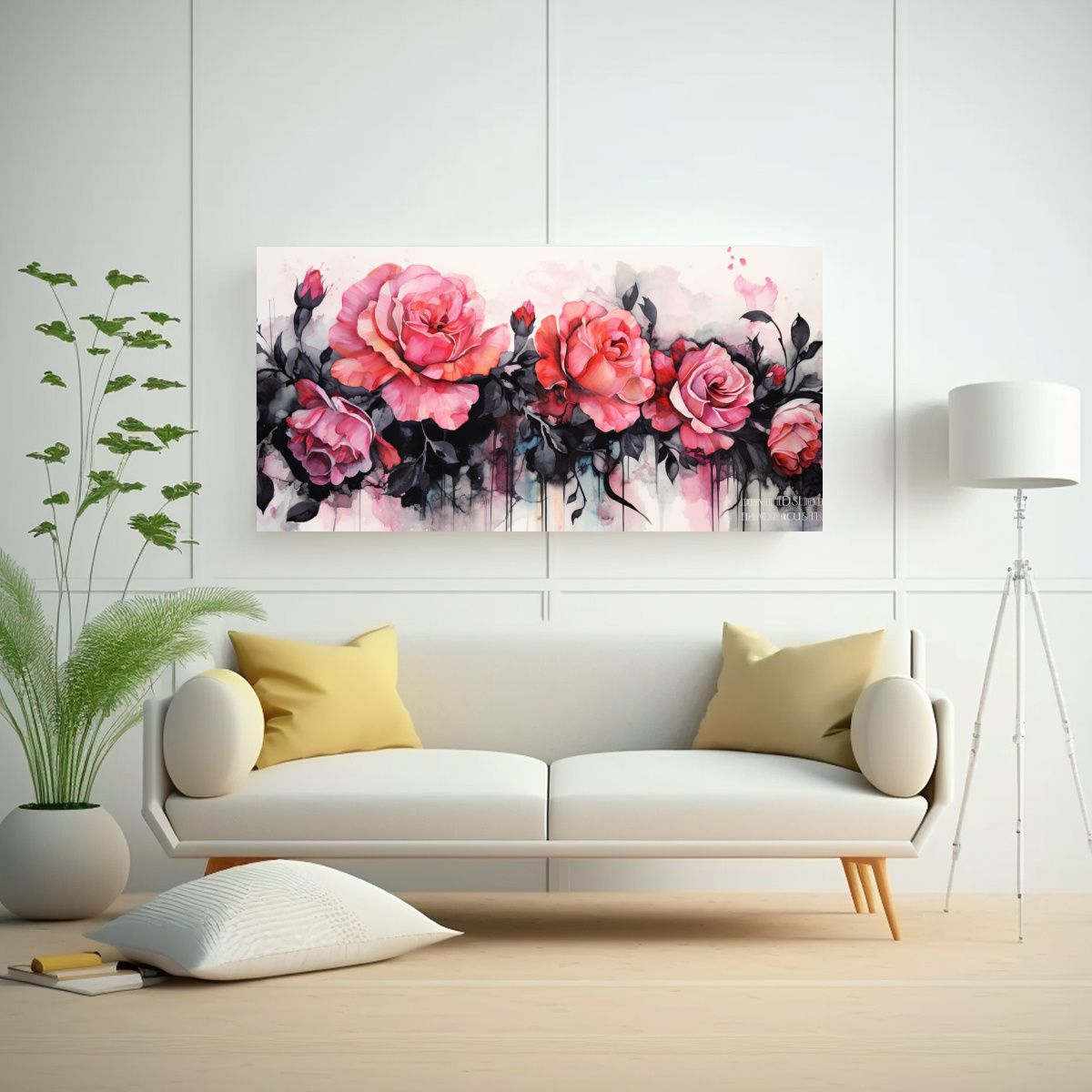 GENERICO - Cuadro Mural Rosas Acuarela Con Franjas Negras 100x50 Cm