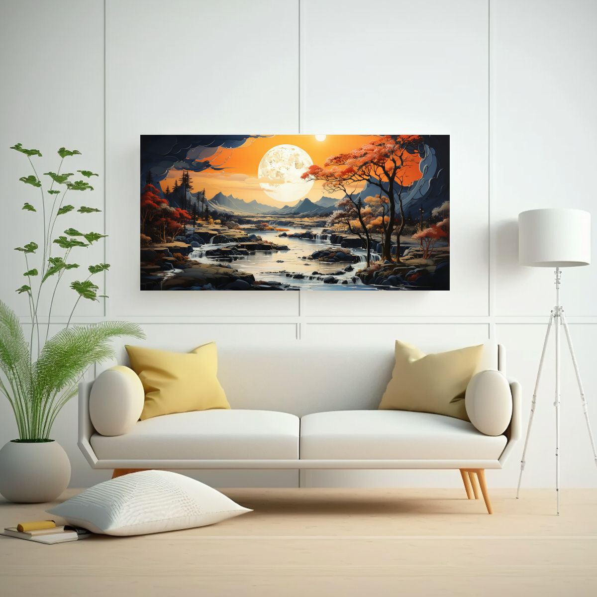 GENERICO - Cuadro Con Luna Y Montañas Arte Juvenil En Tela 100x50 Cm
