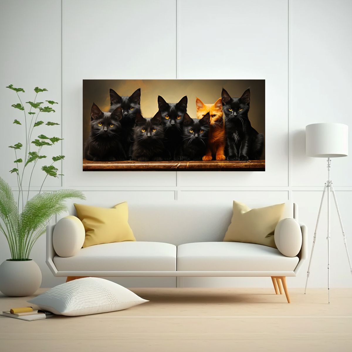 GENERICO - Cuadros Decorativos Gatos Negros En Pila Mirando 80x40 Cm