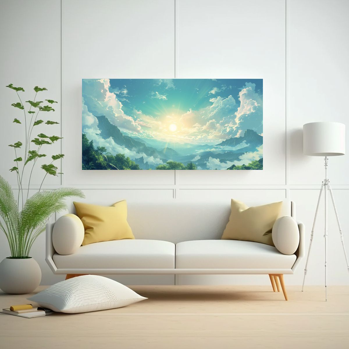 GENERICO - Pintura Decorativa De Escena Con Sol Nubes Y 60x30 Cm