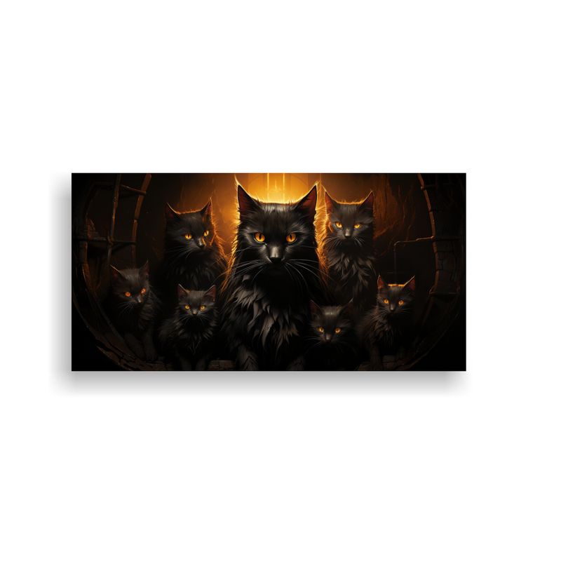 GENERICO - Cuadro Tela Nueve Gatos Negros Ojos Amarillos 80x40 Cm