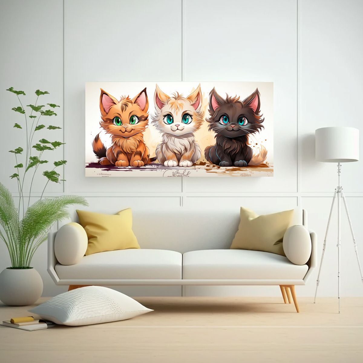 GENERICO - Cuadro Impreso Diseño De Tres Amigos Gatos Con 60x30 Cm