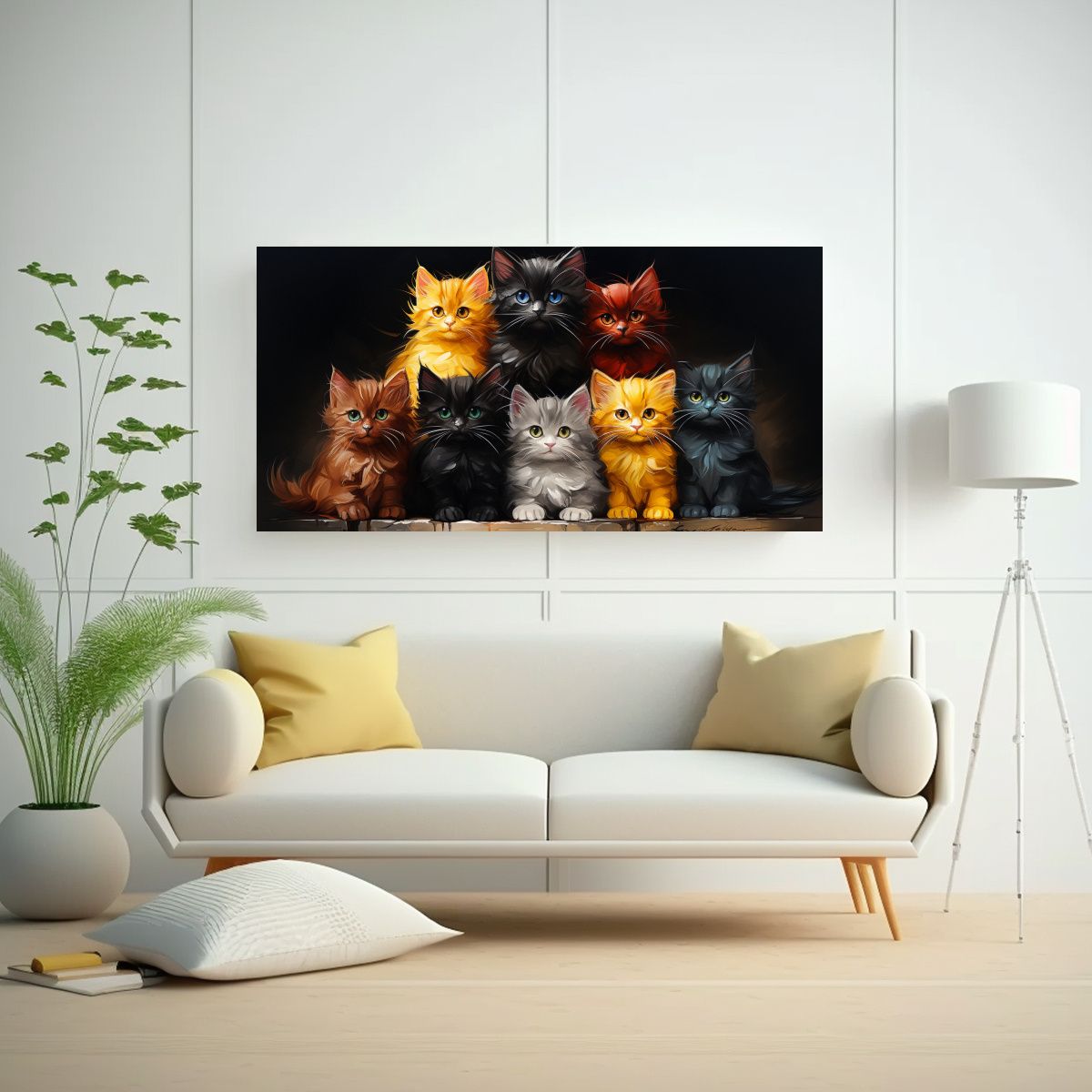 GENERICO - Cuadro De Gatos En Colores Sobre Fondo Naranja 100x50 Cm
