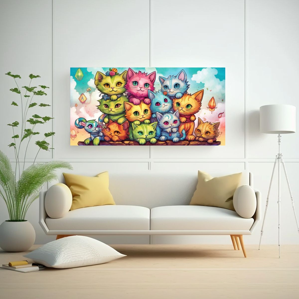 GENERICO - Pintura Decorativa Gatos En Pila Mirando Hacia 80x40 Cm