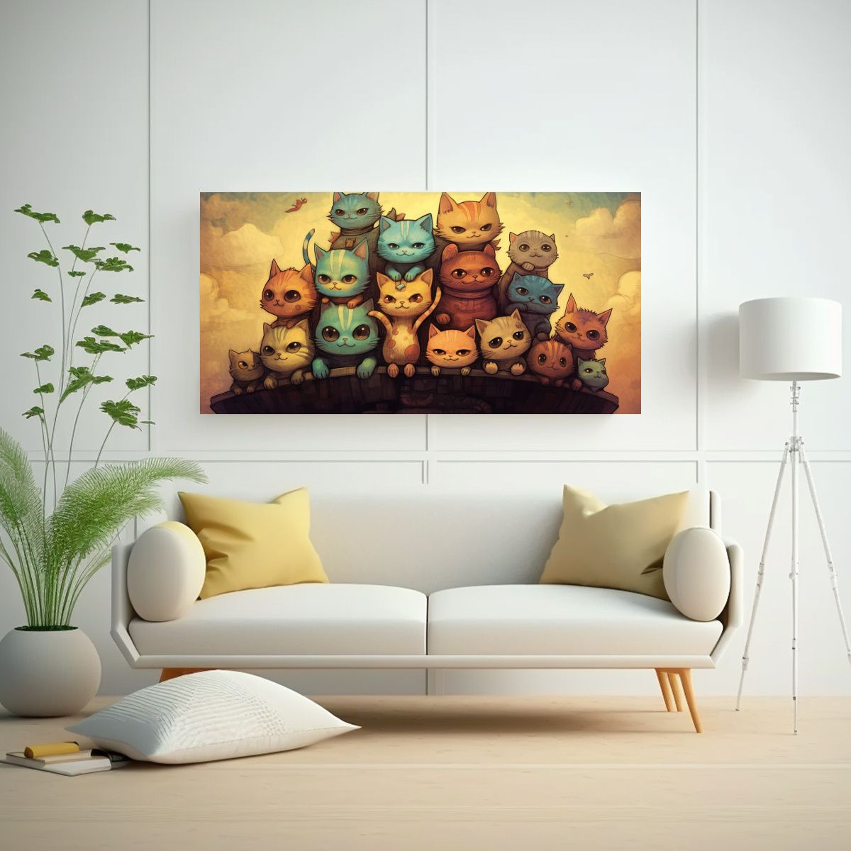 GENERICO - Cuadro Acuarela Gatos En Montón De Colores 100x50 Cm