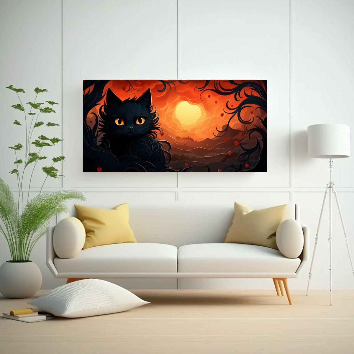 GENERICO - Lienzo Cuadro Patrón Gato Negro Estilo Cómic 80x40 Cm
