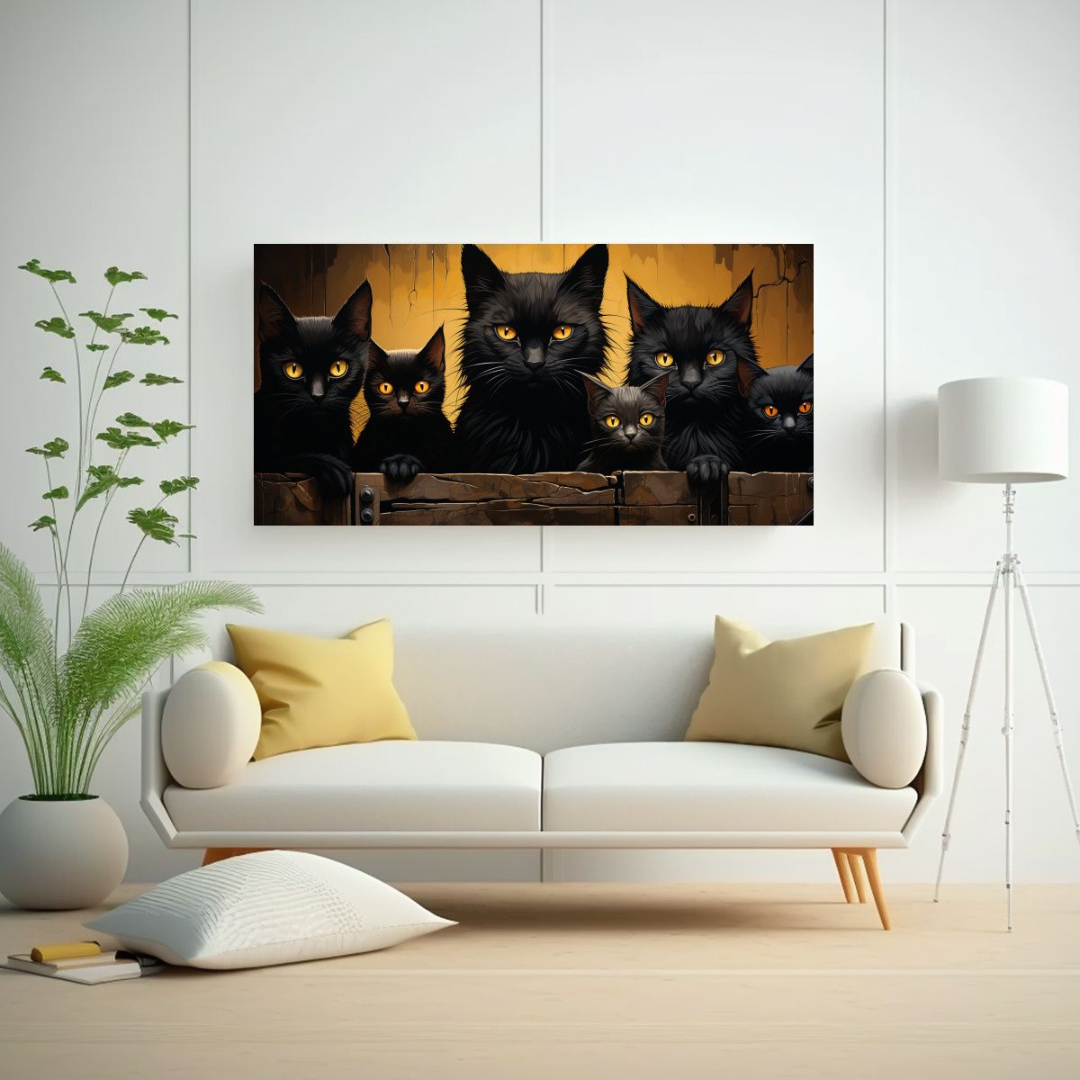 GENERICO - Cuadro De Tela Con Nueve Gatos Negros Y Ojos 60x30 Cm