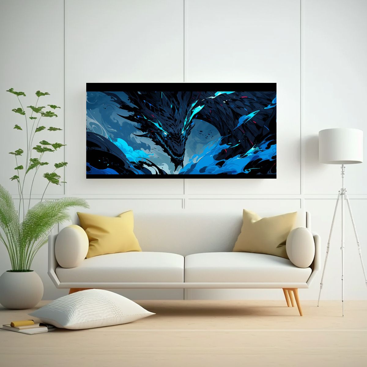 GENERICO - Pintura Decorativa De Dragón En Negro Y Azul Con 100x50 Cm