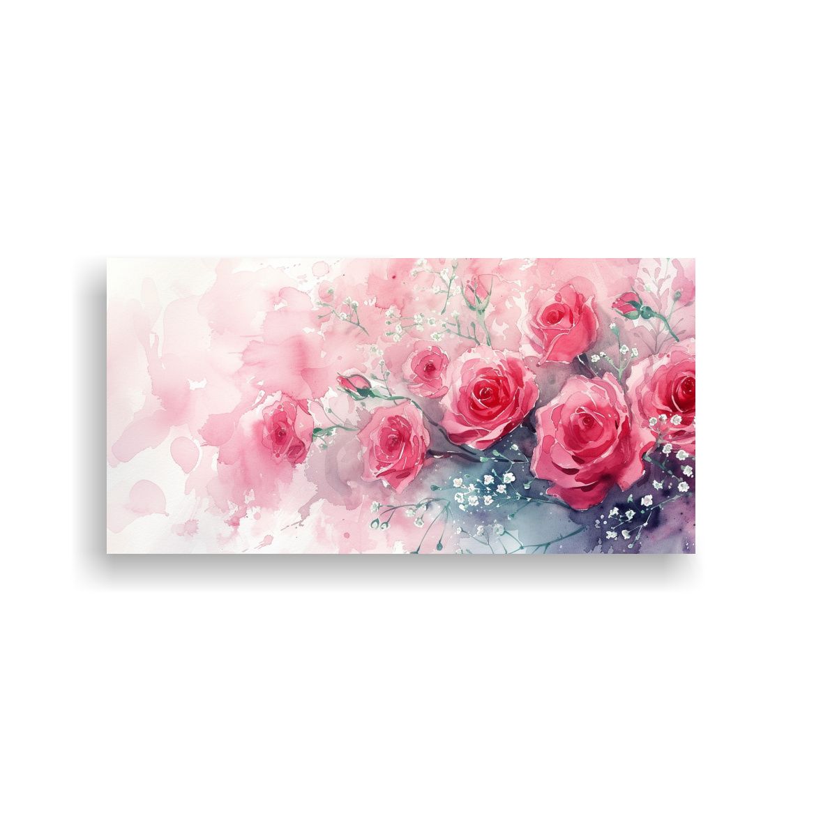 GENERICO - Cuadro Lienzo Floral Acuarela Rosas Y Gypsophila 60x30 Cm