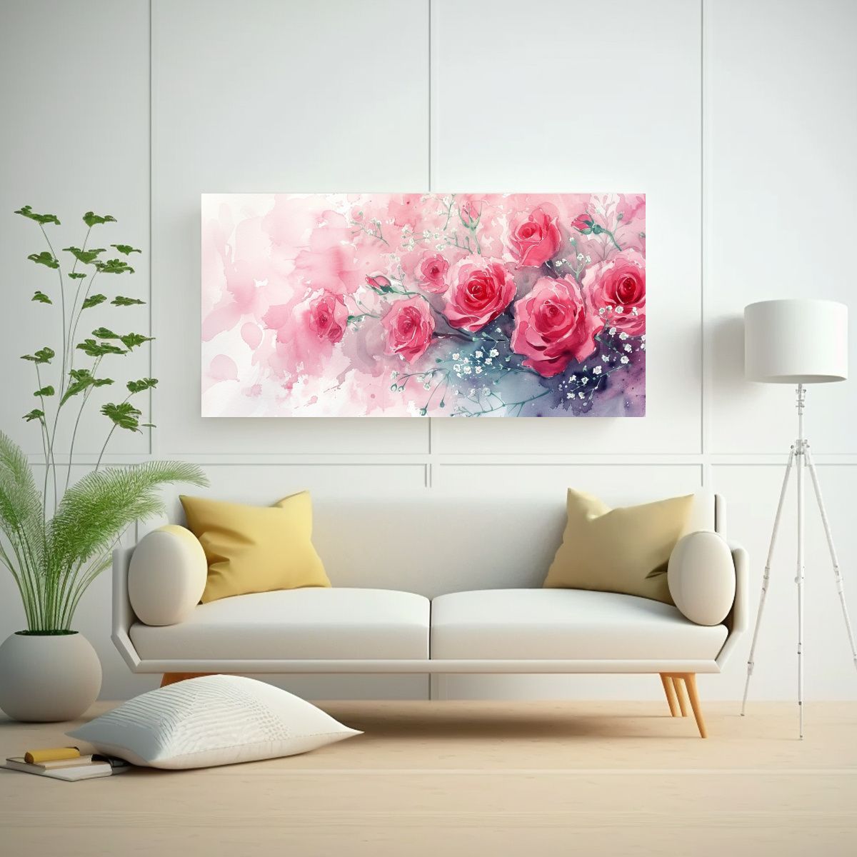 GENERICO - Cuadro Lienzo Floral Acuarela Rosas Y Gypsophila 60x30 Cm