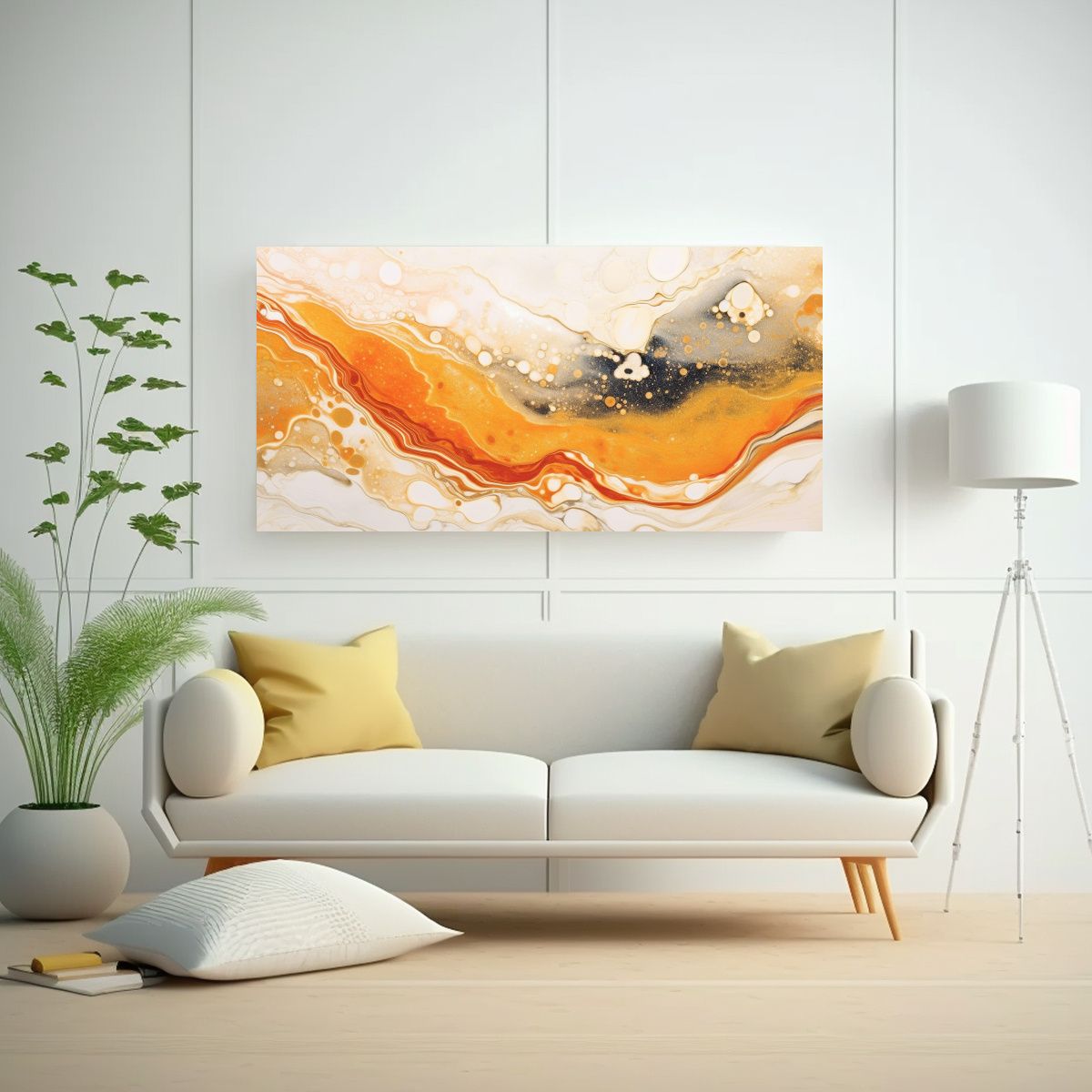 GENERICO - Pintura Relieve Naranja Blanco Técnica Monotipo 60x30 Cm