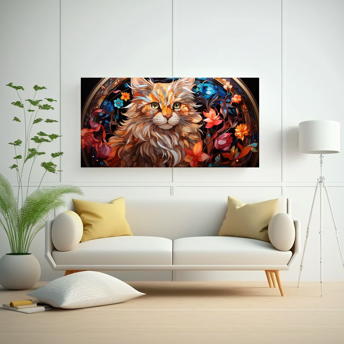 GENERICO - Arte Digital De Vidriera Adorable De Gato En 100x50 Cm