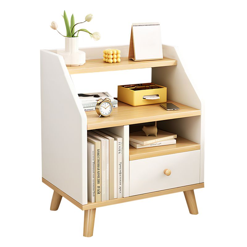 ROHE - Velador 2 Niveles Con Cajones, Color Blanco/Oak, 40x30x53 cm