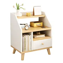 ROHE - Velador 2 Niveles Con Cajones, Color Blanco/Oak, 40x30x53 cm