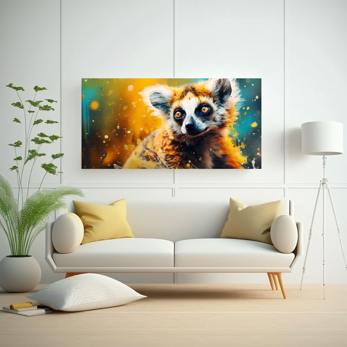 GENERICO - Lienzo Lemur En Acuarela Colorida Movimiento 100x50 Cm