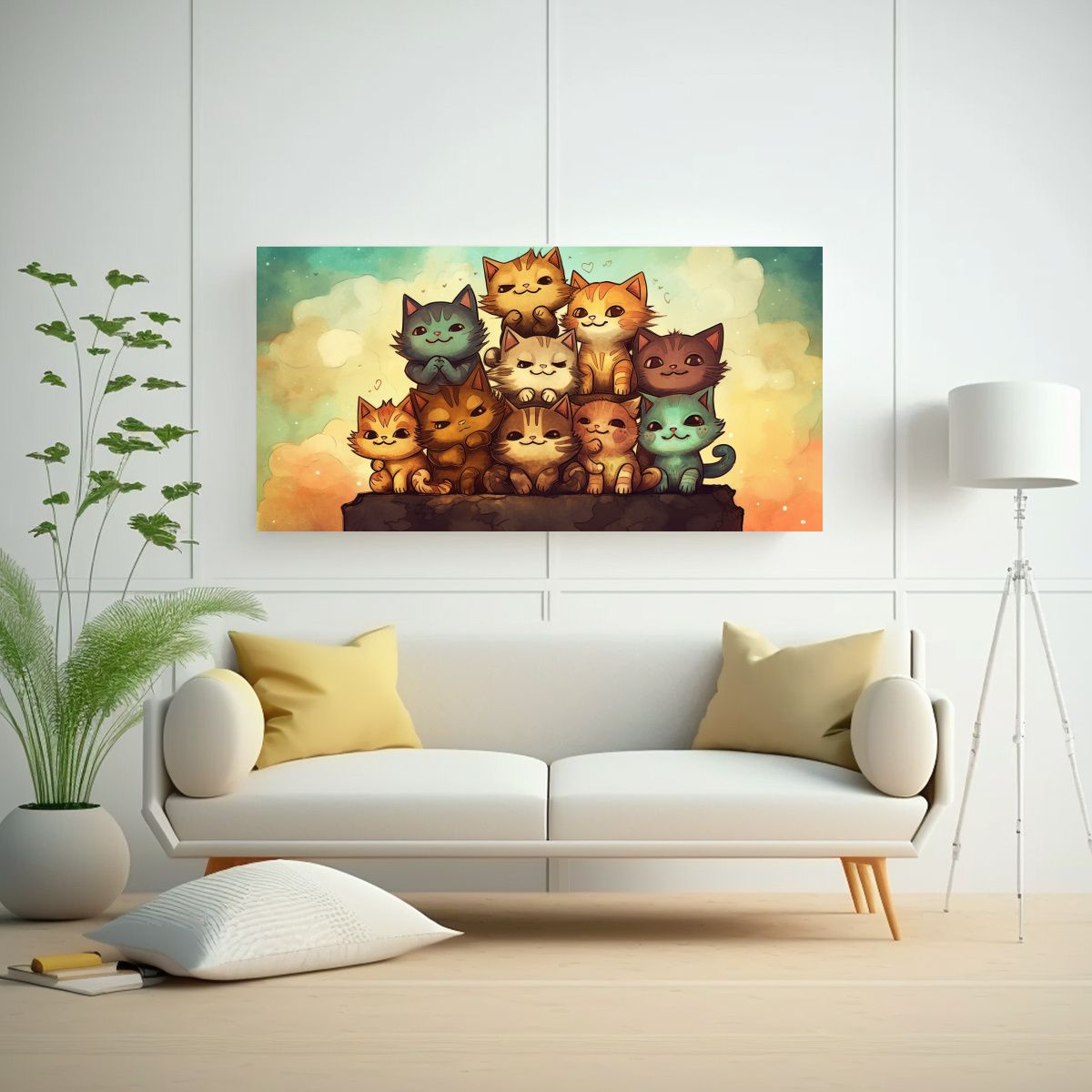 GENERICO - Pintura Acuarela De Gatos Majestuosos En Pila 100x50 Cm