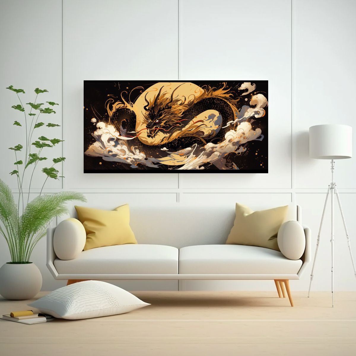 GENERICO - Cuadro Moderno Fantástico Dragón En Dorado Y 80x40 Cm