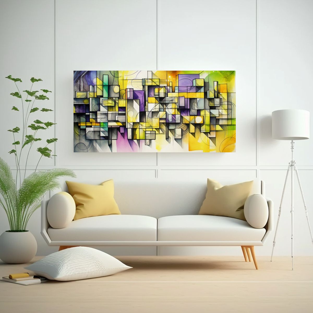 GENERICO - Diseño Cartel Acuarela Con Cubos Y Líneas 80x40 Cm