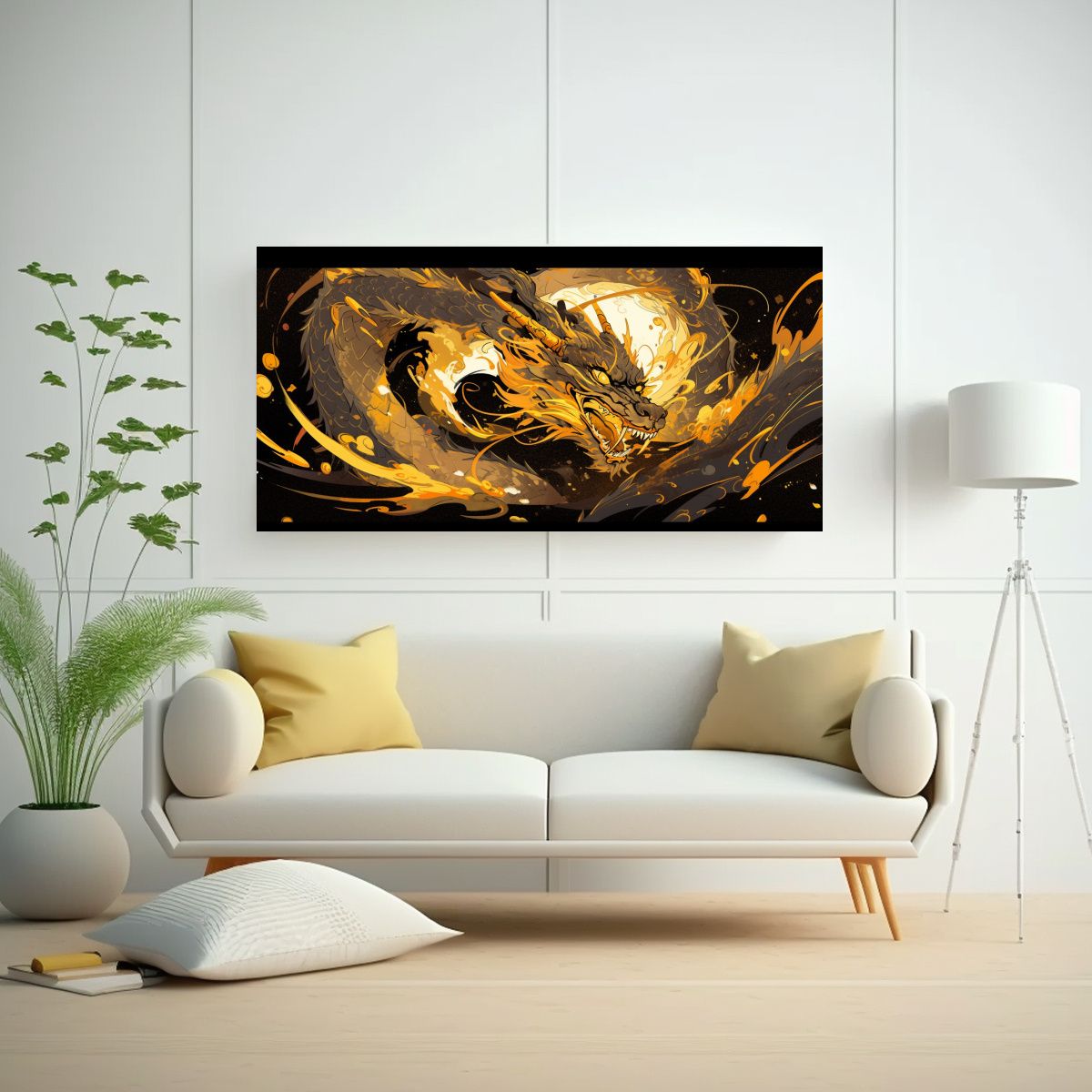 GENERICO - Cuadro Moderno Linda Dragón En Colores Oro 100x50 Cm