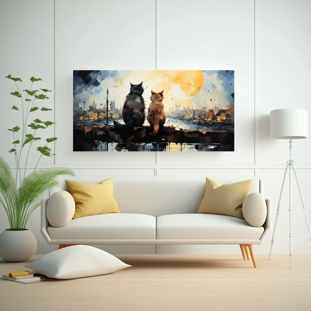 GENERICO - Gatos En Tejado Mirando Arriba Lienzo Tela 60x30 Cm