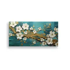 GENERICO - Cuadro Floral Con Hojas Doradas En Bastidor Con 80x40 Cm