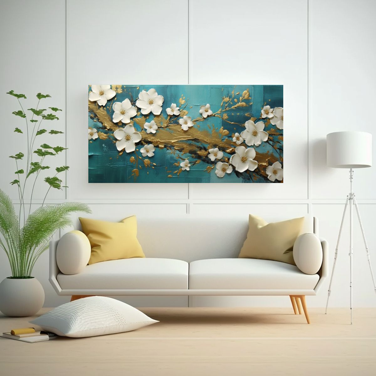 GENERICO - Cuadro Floral Con Hojas Doradas En Bastidor Con 100x50 Cm