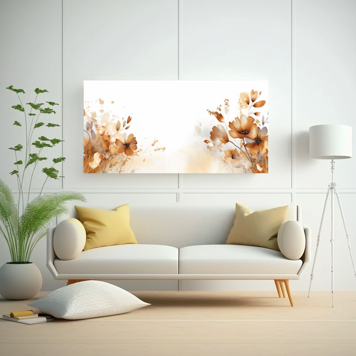 GENERICO - Cuadro Pared Abstracto Floral Acuarela Dorado 100x50 Cm