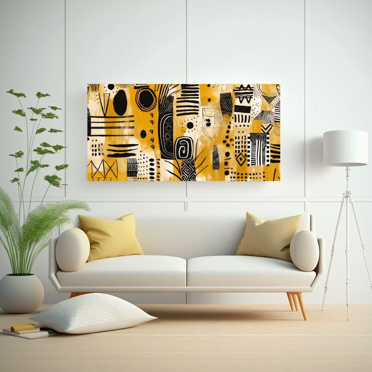 GENERICO - Cuadro De Expresión Amarillo Y Negro Con Diseño 60x30 Cm