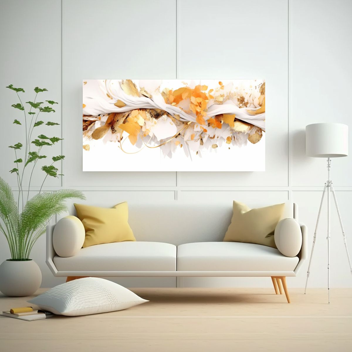 GENERICO - Cuadro Abstracto Resistente Blanco Y Dorado Arte 80x40 Cm