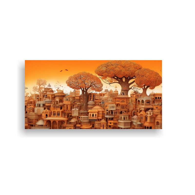 GENERICO - Cuadro Lienzo Esquema árbol Naranja Y Ciudad 60x30 Cm
